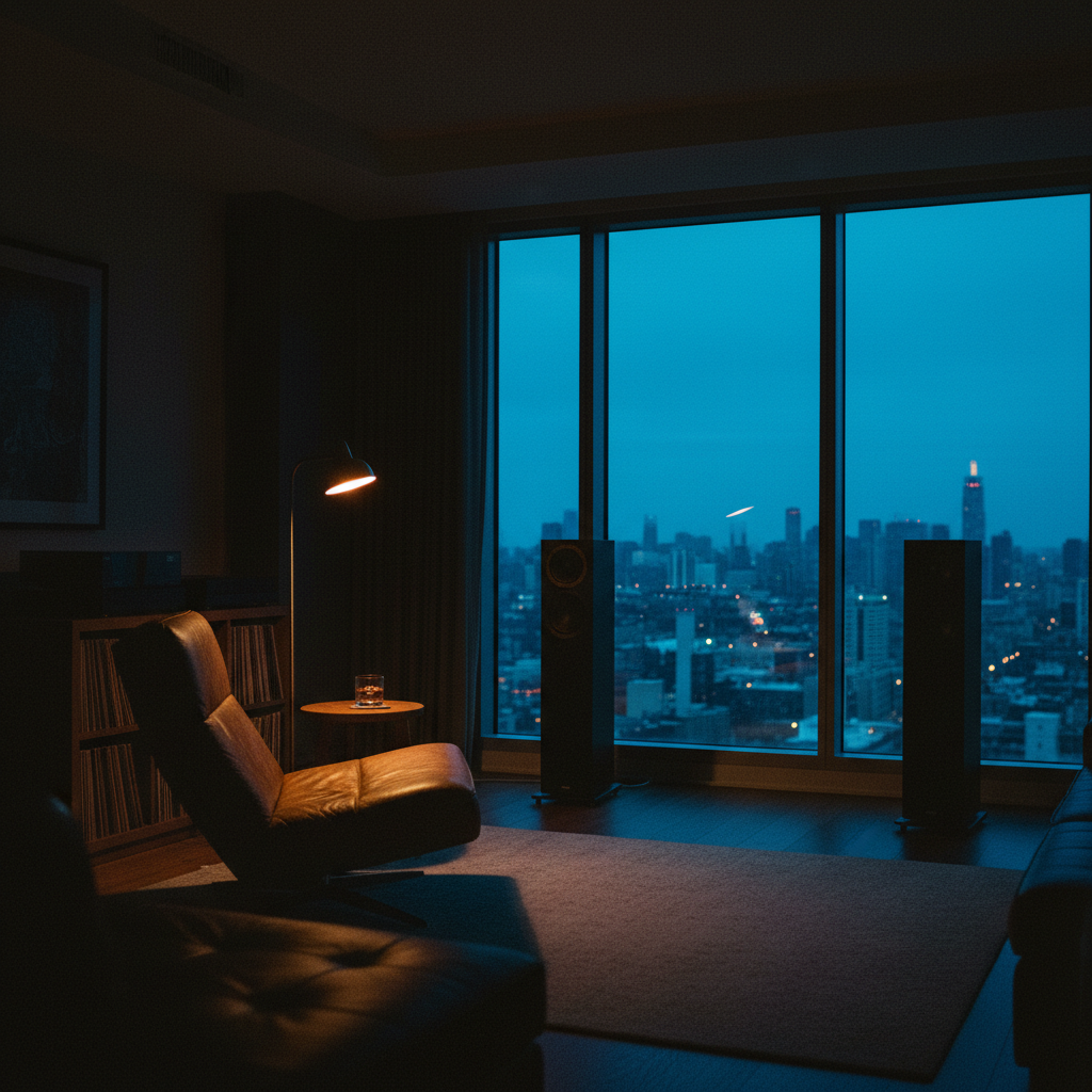 Dimly lit listening room at dusk