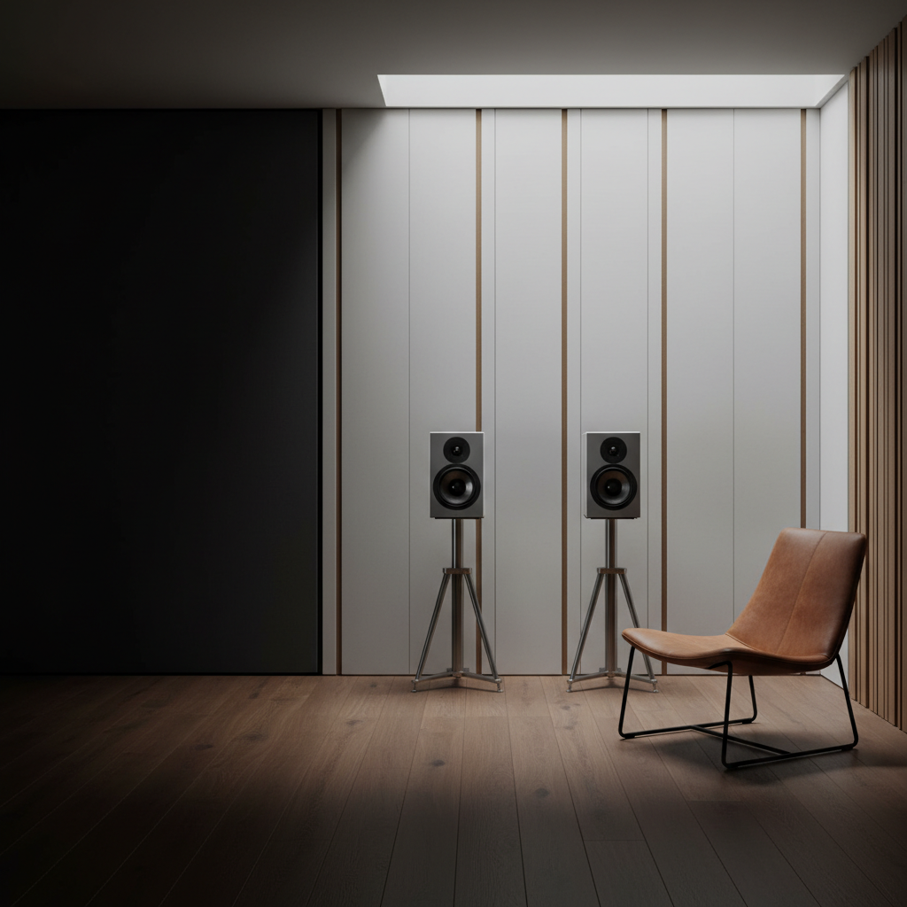 Pair of bookshelf speakers in a minimalist listening room