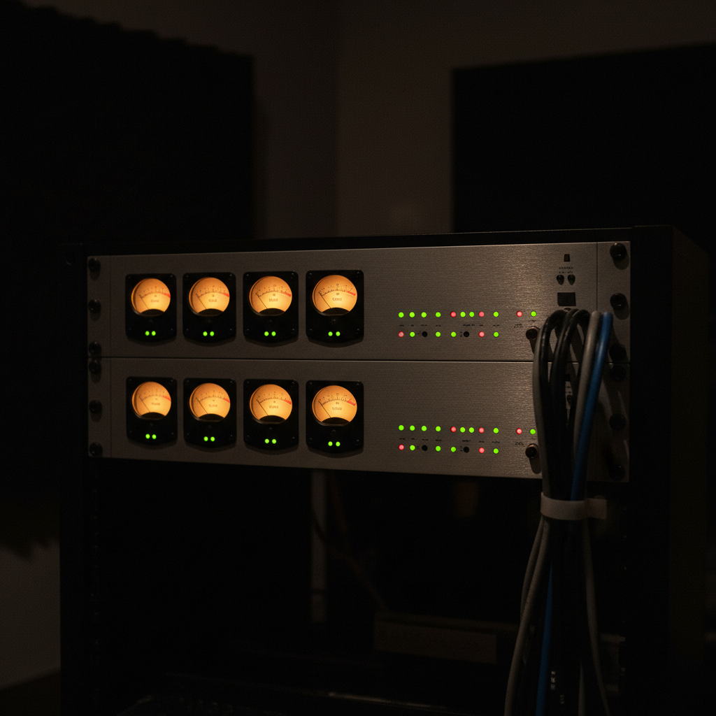 Rackmount audio gear with glowing VU meters