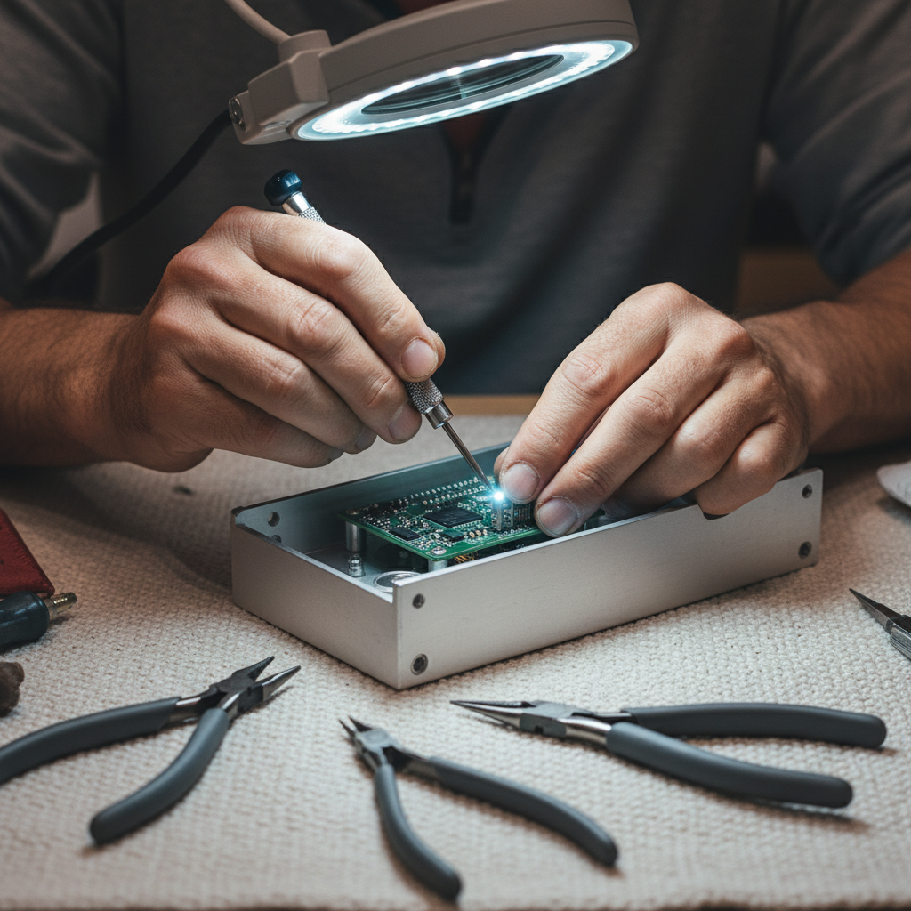 Hands adjusting a delicate audio component on a workbench