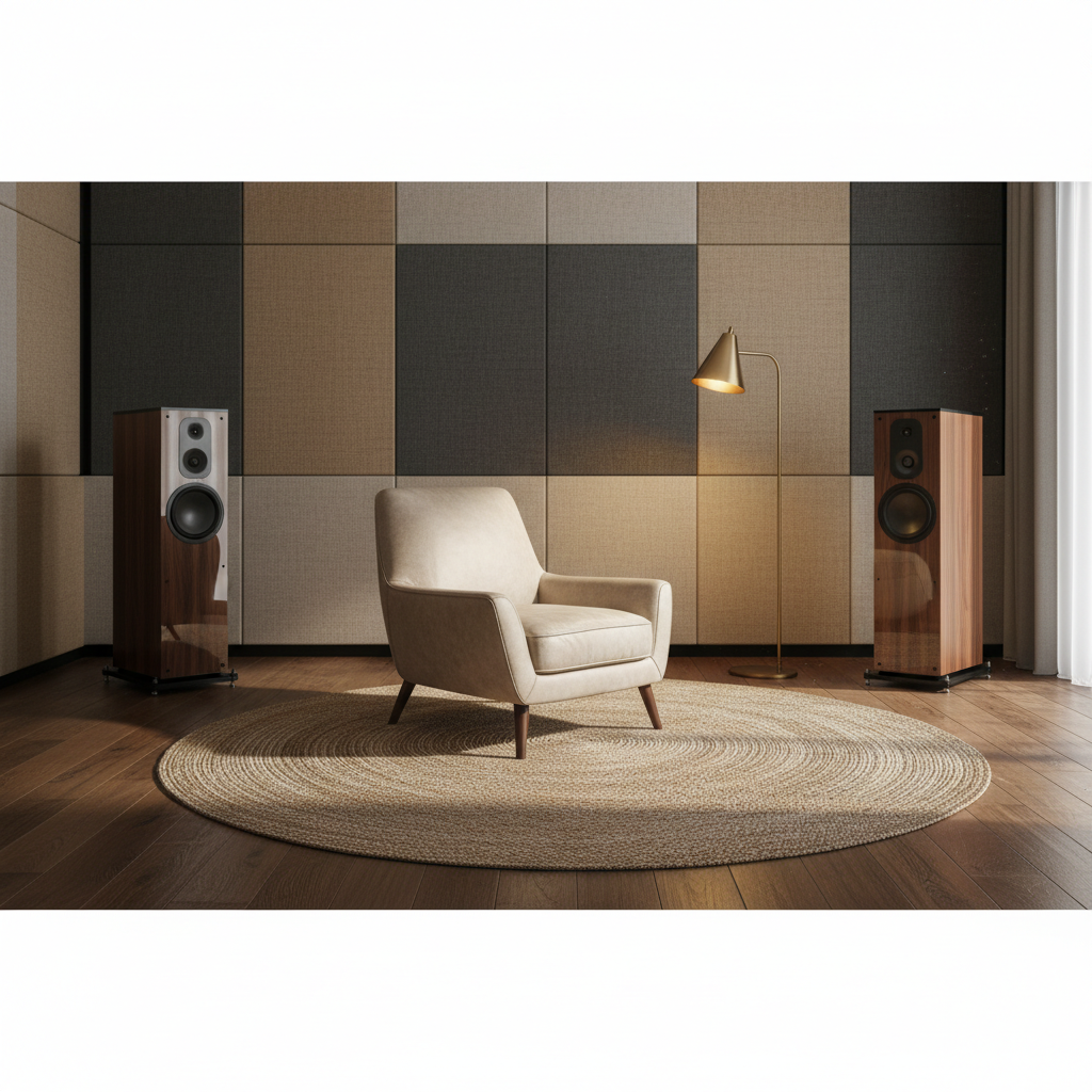Quiet listening room with leather chair and floorstanding speakers